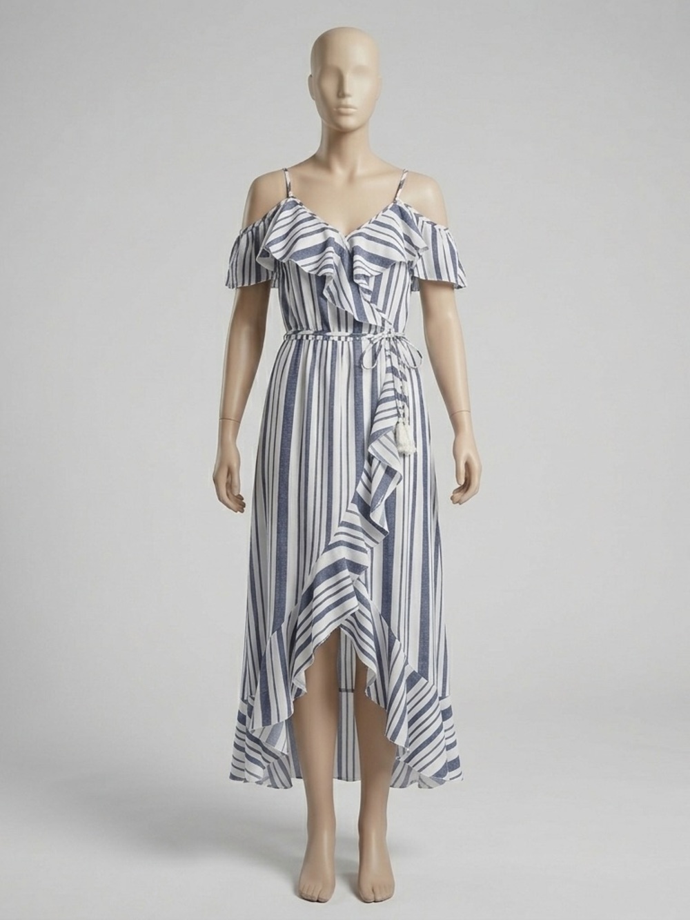 Striped Cold Shoulder Ruffle Maxi Dress High Low Wrap Blue White Boho L